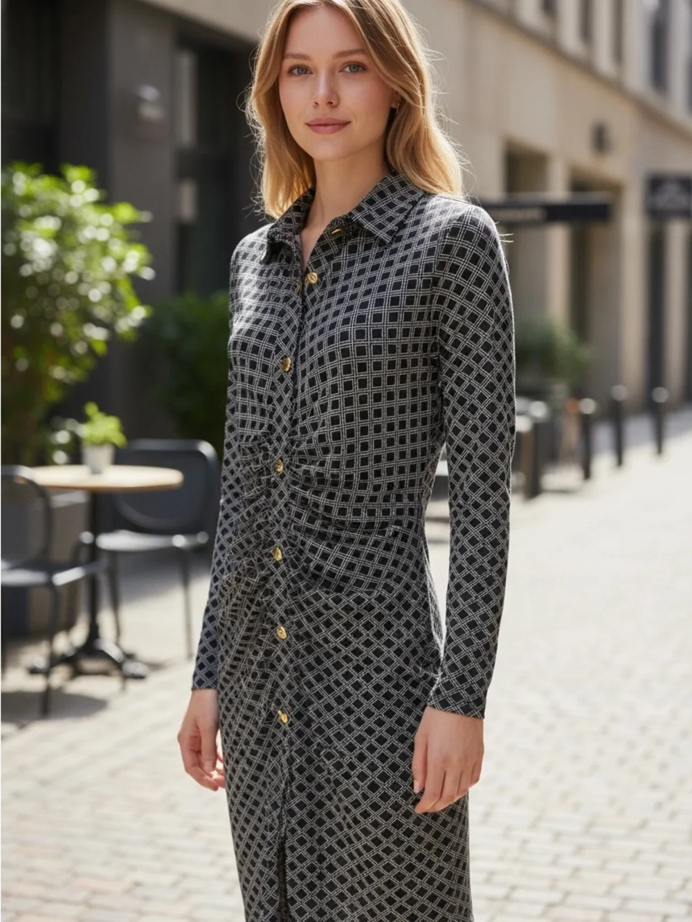 Michael Michael Kors Black White Geo-print Ruched Shirt Dress Collared Neckline